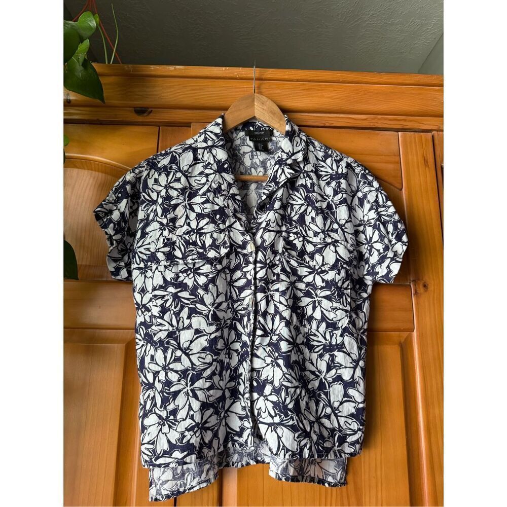 Tahari 100% Linen Floral Print Women Bottom Down Shirt SZ S